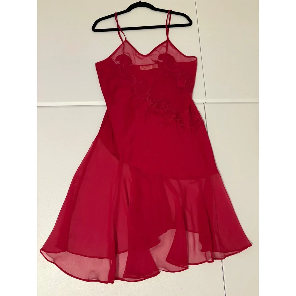 VTG Victoria's Secret Red Satin Mesh Floral Slip Dress Romantic Lace ethereal a5